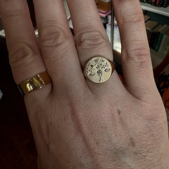 14K DIAMOND MOSAIC BRUSHED GOLD ROUND SIGNET RING - Picture 4 of 9